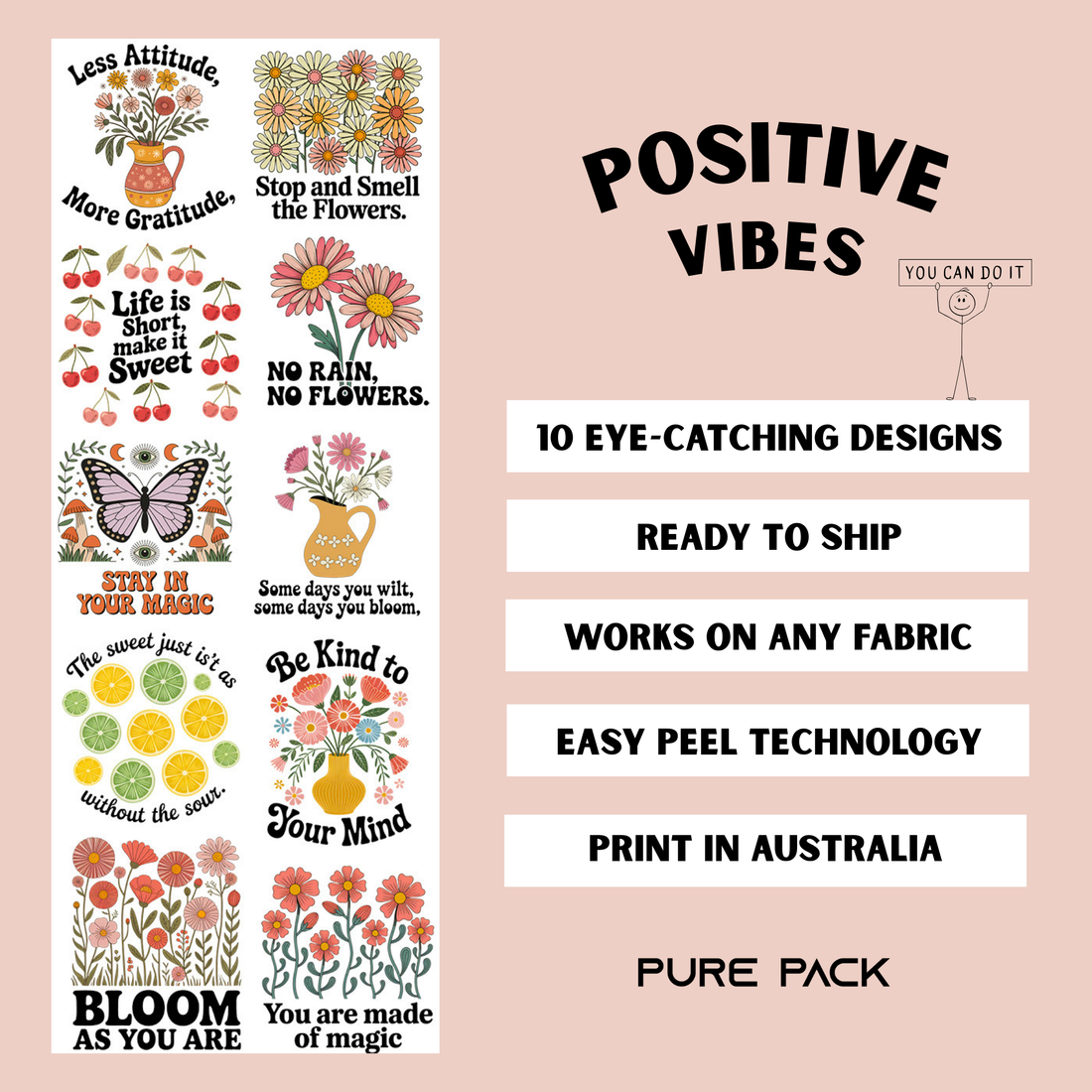 Positive Vibes (10 transfers) - Pre-made DTF Gang Sheet