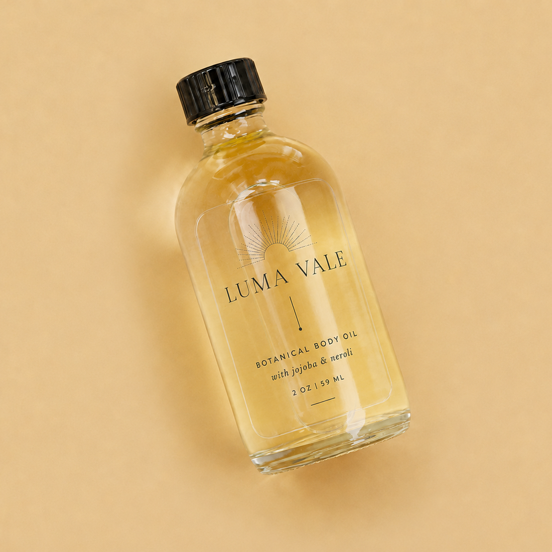 Pure Pack clear sticker applied to an oil bottle for a seamless transparent label look.