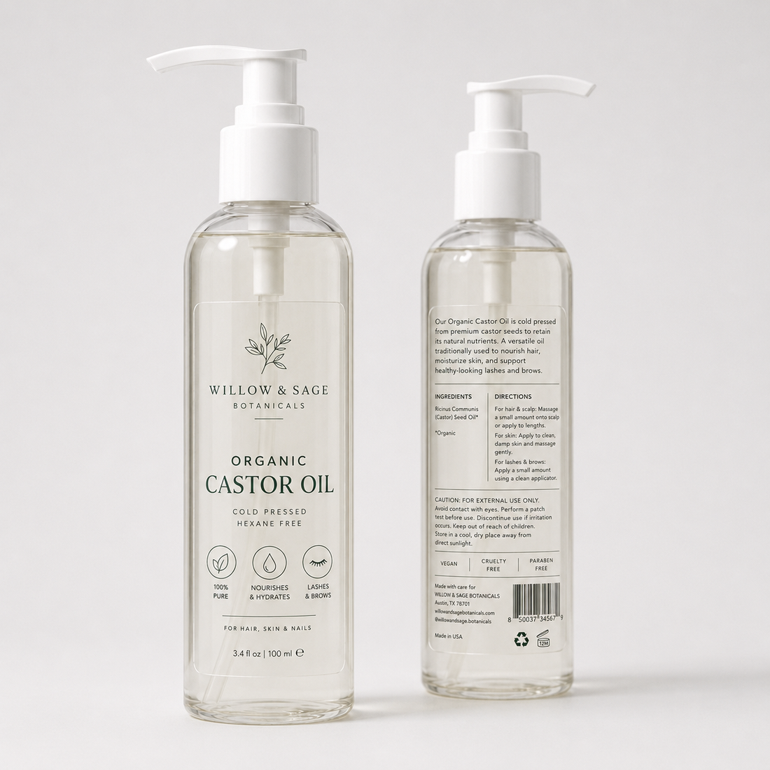 Pure Pack clear stickers applied to white pump bottles for skincare and beauty branding.