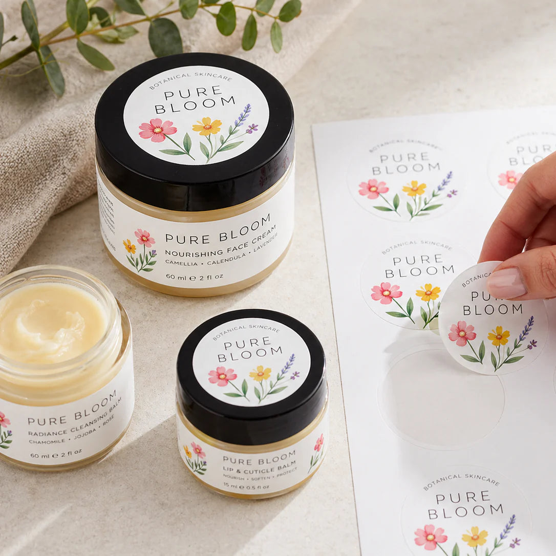 Pure Pack paper stickers applied to jars for custom product branding.