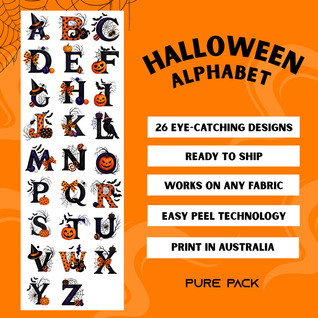 Halloween Alphabet (26 transfers) - Pre-made DTF Gang Sheet 