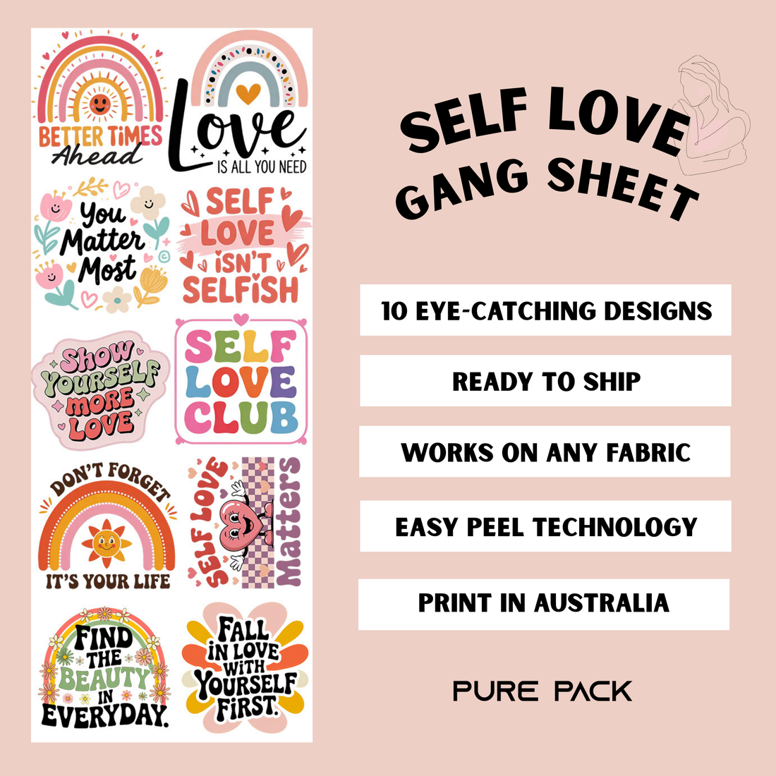 Self Love (10 transfers) - Pre-made DTF Gang Sheet 