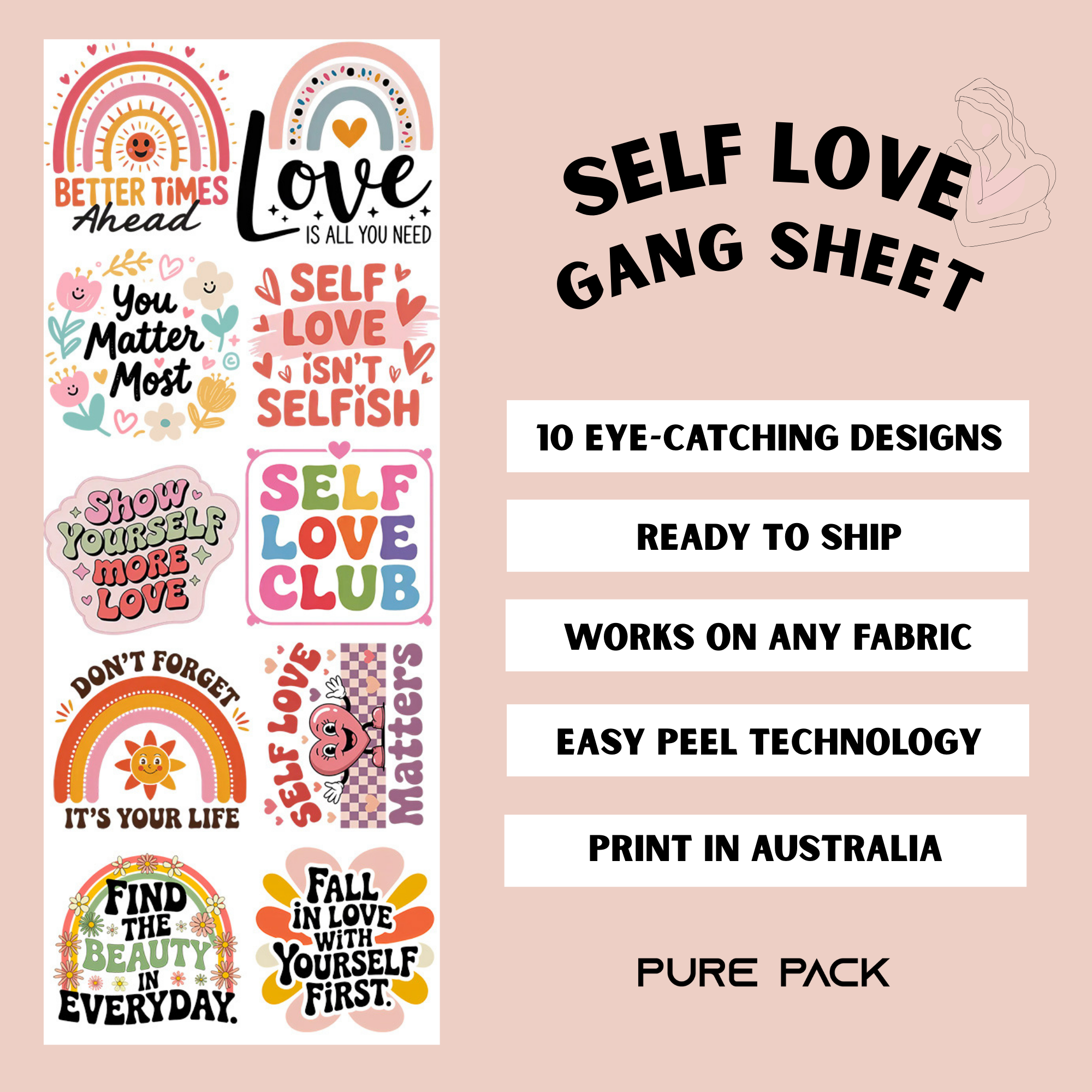 Self Love (10 transfers) - Pre-made DTF Gang Sheet 