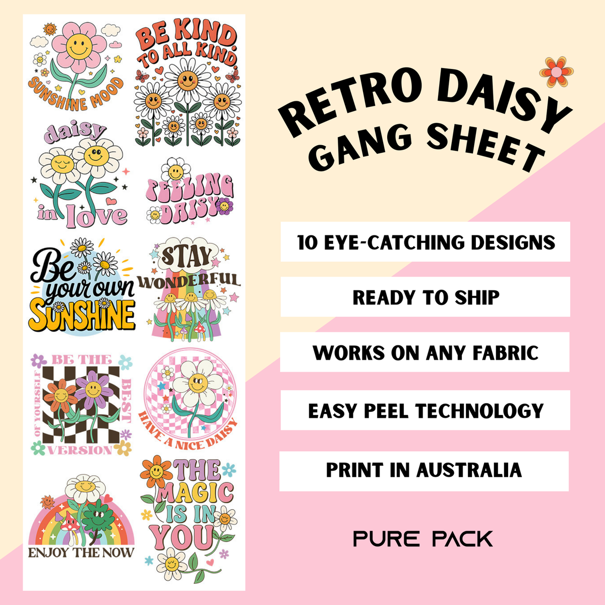 Pure Pack pre-made DTF gang sheets, retro daisy design