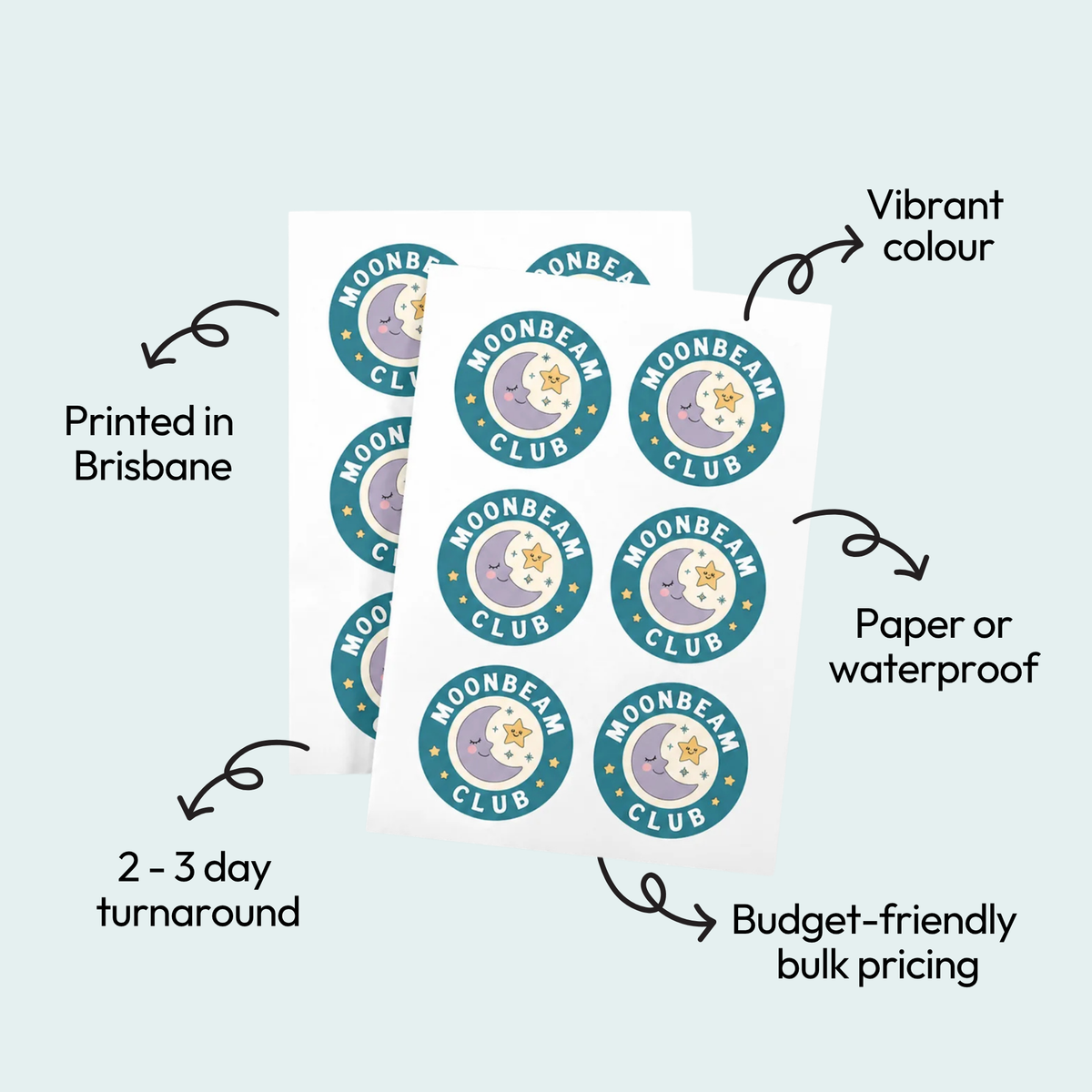 Custom bulk stickers on sheets, printed in Brisbane, available as paper or waterproof, with 2-3 day turnaround and budget-friendly bulk pricing