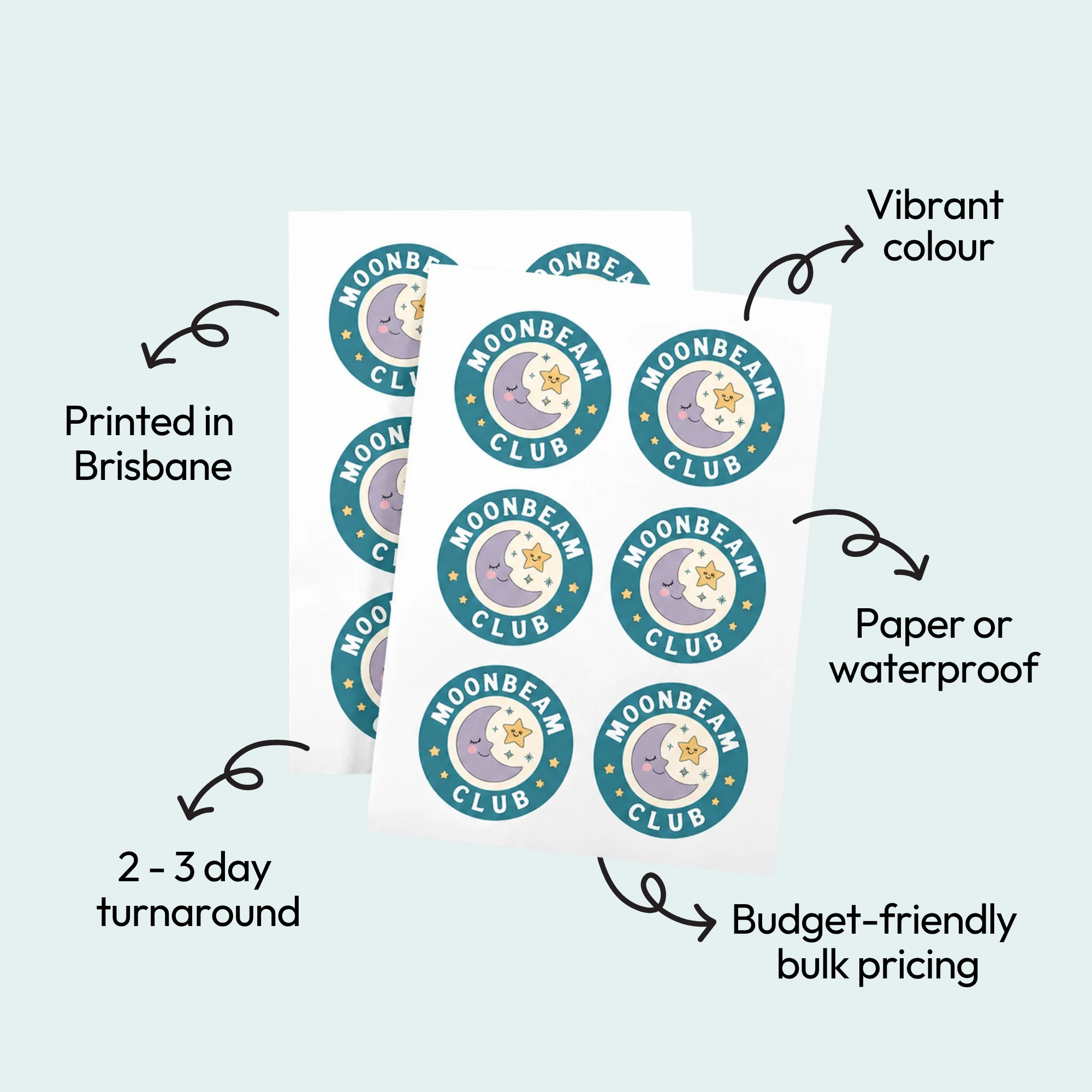 Custom bulk stickers on sheets, printed in Brisbane, available as paper or waterproof, with 2-3 day turnaround and budget-friendly bulk pricing