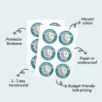 Custom bulk stickers on sheets, printed in Brisbane, available as paper or waterproof, with 2-3 day turnaround and budget-friendly bulk pricing