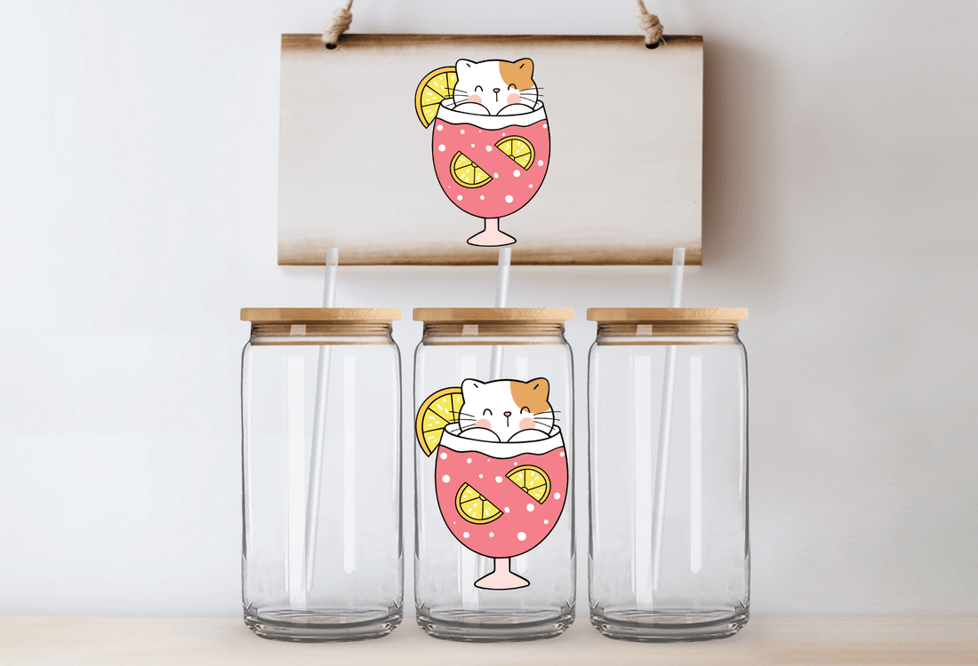 Cat in pink lemonade - 16oz UVDTF Cup Wrap