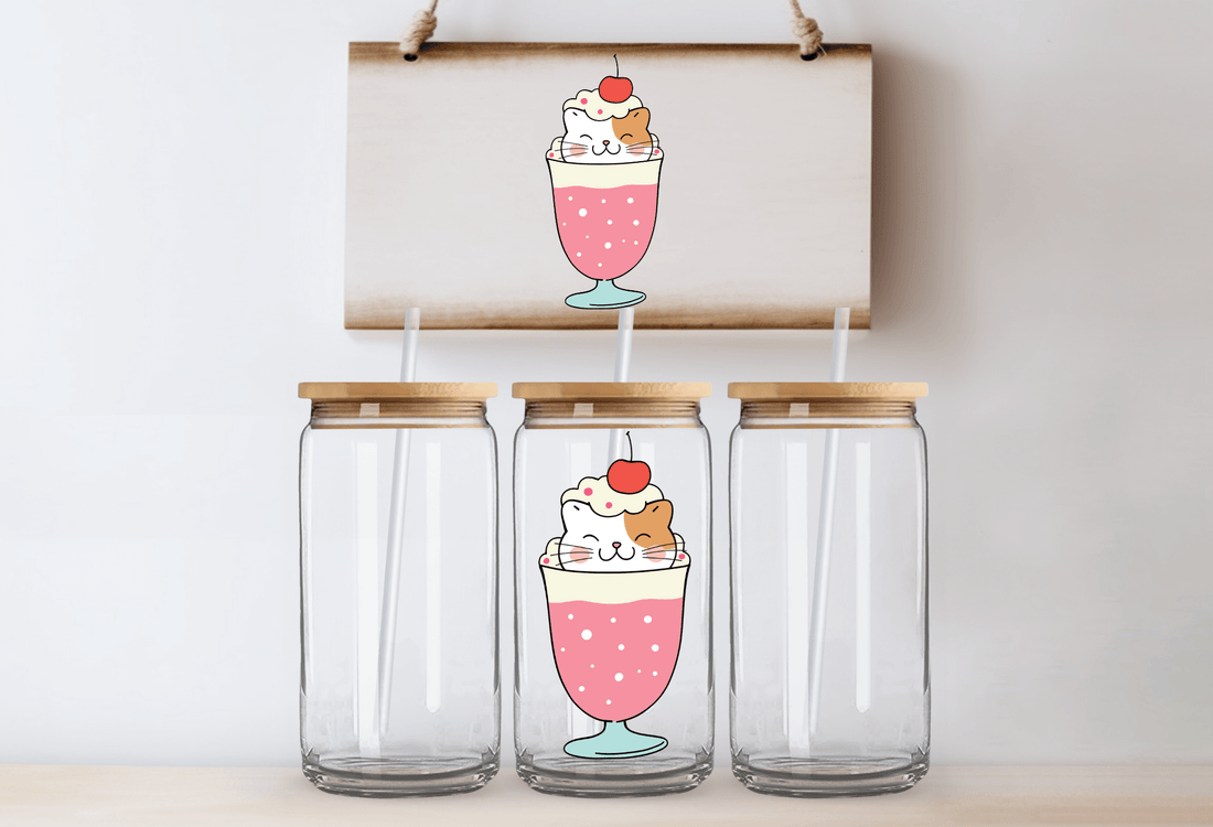 Cat in pink sundae - 16oz UVDTF Cup Wrap