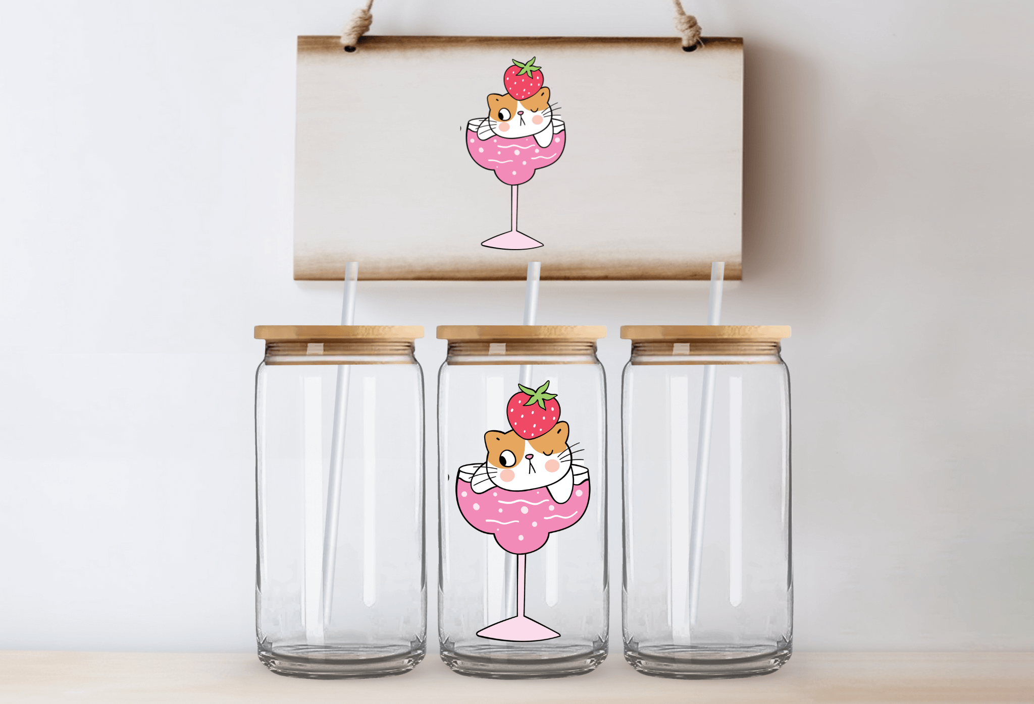 Cat in strawberry drink - 16oz UVDTF Cup Wrap