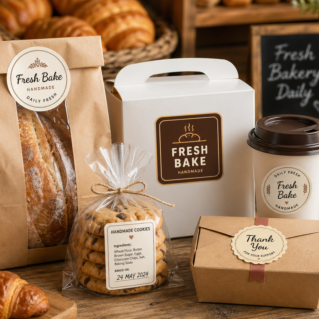 Pure Pack everyday stickers on bakery packaging, Fresh Bake branding example
