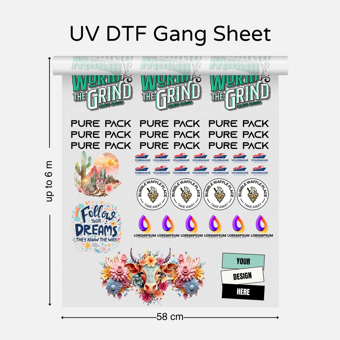 Pure Pack UVDTF gang sheet online builder, 58cm sheet layout