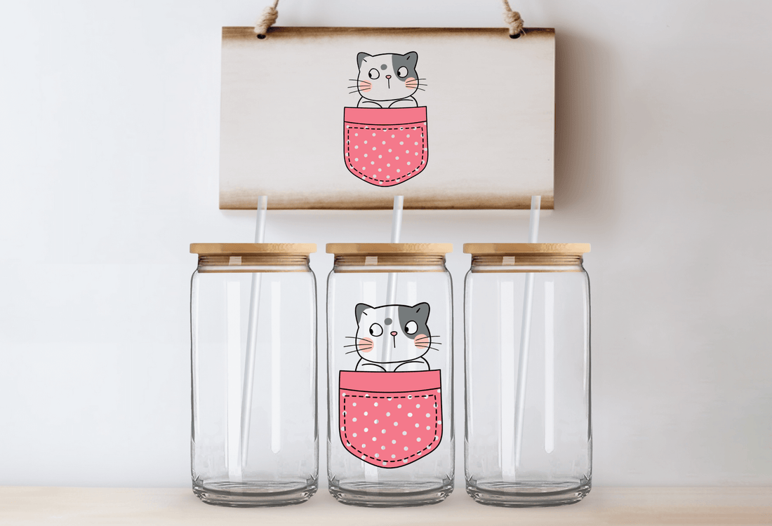 Surprised cat in pink pocket - 16oz UVDTF Cup Wrap