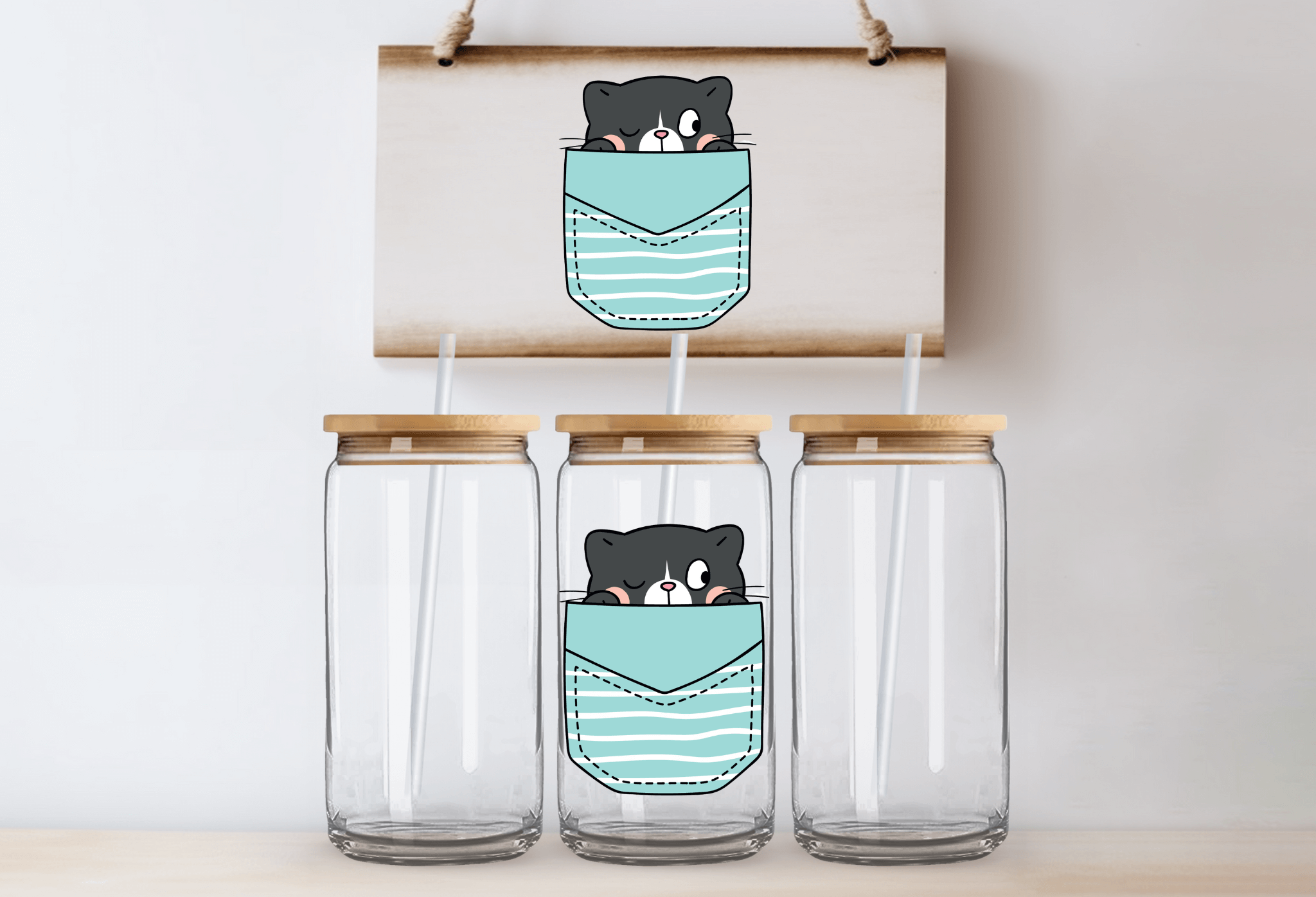 Winking cat in teal pocket - 16oz UVDTF Cup Wrap