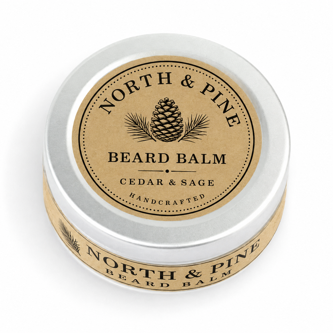 Custom kraft paper sticker label on North &amp; Pine Beard Balm tin, printed by Pure Pack in Brisbane, Australia