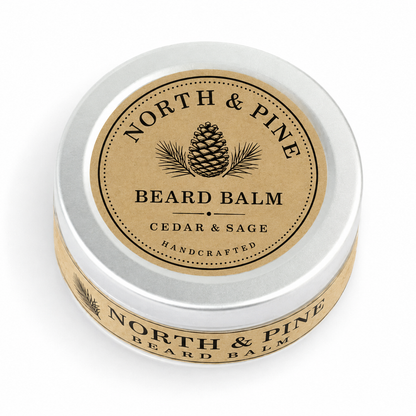 Custom kraft paper sticker label on North &amp; Pine Beard Balm tin, printed by Pure Pack in Brisbane, Australia