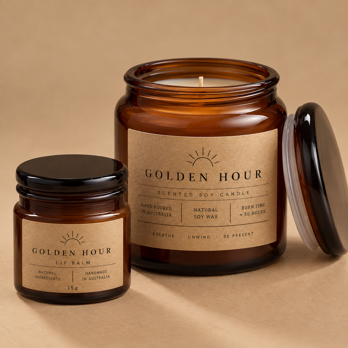 Kraft paper sticker labels on a soy candle jar and lip balm jar, printed by Pure Pack in Brisbane, Australia