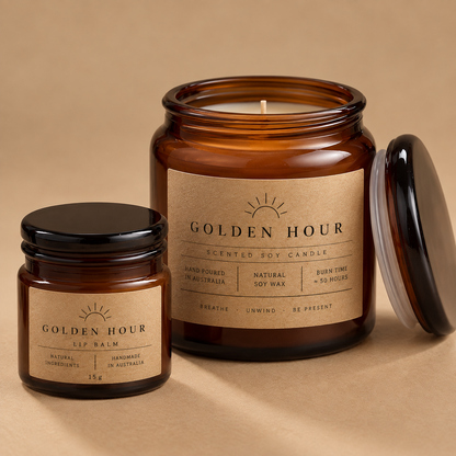 Kraft paper sticker labels on a soy candle jar and lip balm jar, printed by Pure Pack in Brisbane, Australia