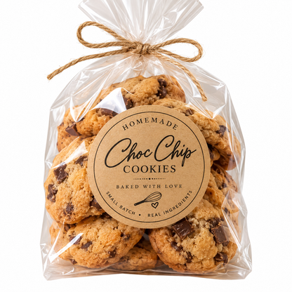 Custom kraft paper sticker label on homemade choc chip cookie packaging, printed by Pure Pack in Brisbane, Australia