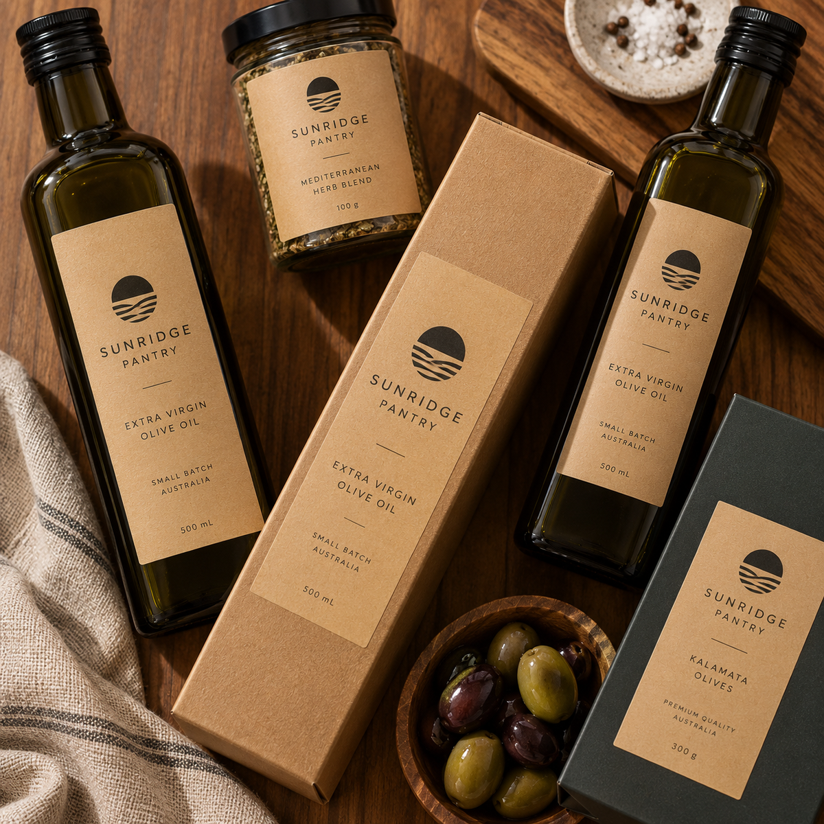 Kraft paper sticker labels on olive oil bottles, jars and boxes for a pantry food brand, printed by Pure Pack in Brisbane, Australia