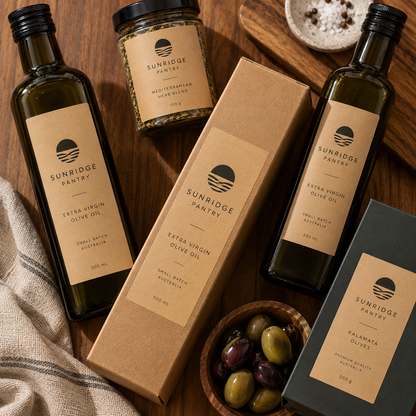 Kraft paper sticker labels on olive oil bottles, jars and boxes for a pantry food brand, printed by Pure Pack in Brisbane, Australia