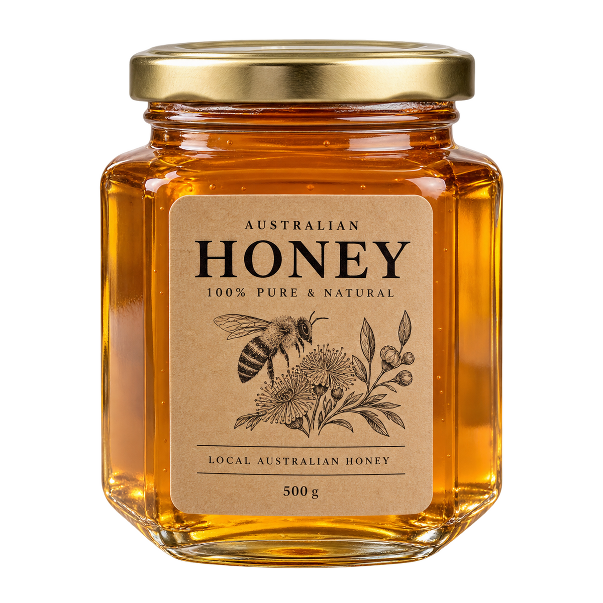 Kraft paper sticker label on an Australian honey jar, printed by Pure Pack in Brisbane, Australia