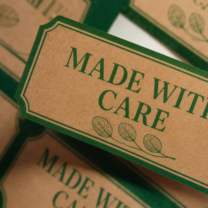 Close-up of custom kraft paper sticker labels with "Made With Care" print, by Pure Pack in Brisbane, Australia