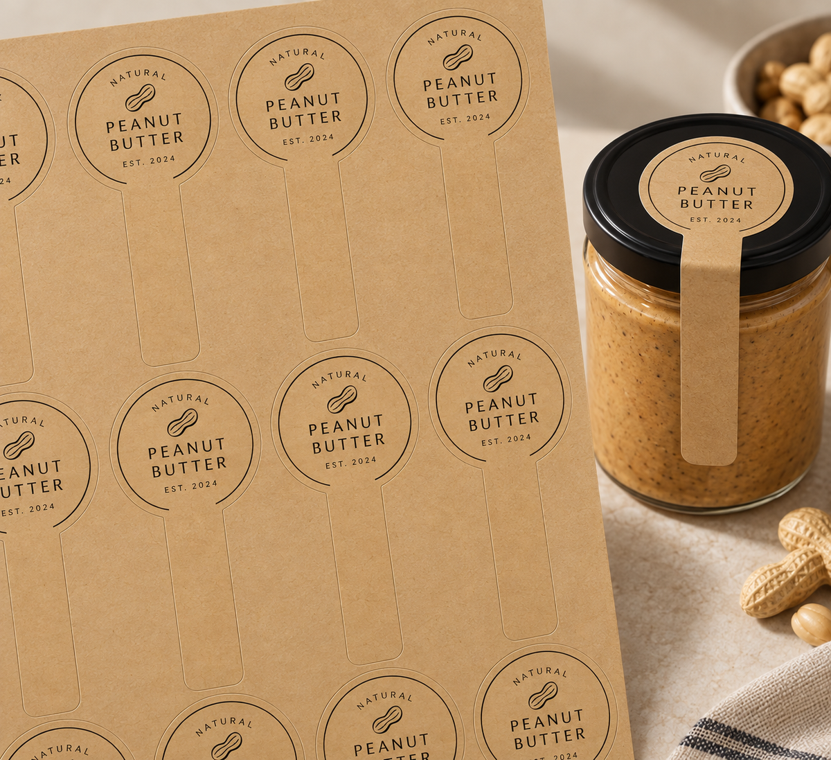 Kraft paper sticker labels on a sheet and applied to a natural peanut butter jar, printed by Pure Pack in Brisbane, Australia