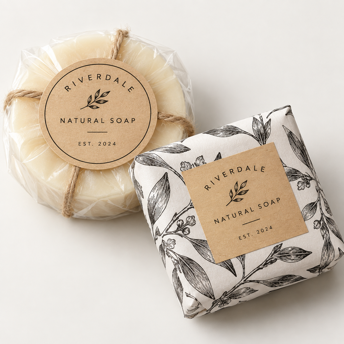 Kraft paper sticker labels on natural handmade soap bars, printed by Pure Pack in Brisbane, Australia