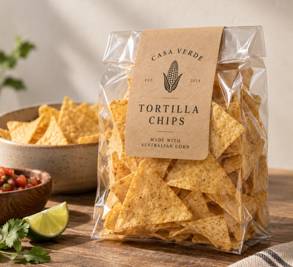 Kraft paper sticker label on a tortilla chip bag, printed by Pure Pack in Brisbane, Australia