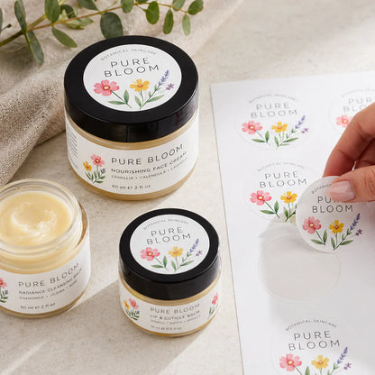 Pure Pack paper stickers applied to jars for custom product branding.