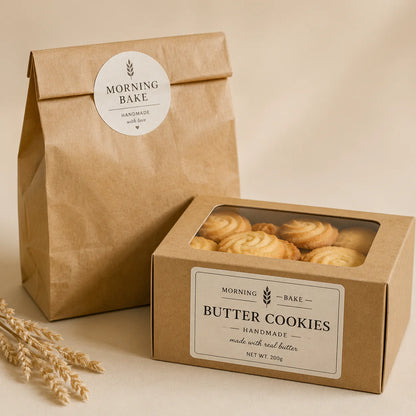 Pure Pack paper stickers applied to kraft packaging for small business branding.