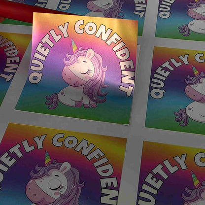 Square custom silver vinyl stickers by Pure Pack, rainbow gradient unicorn design with a colourful metallic sheen